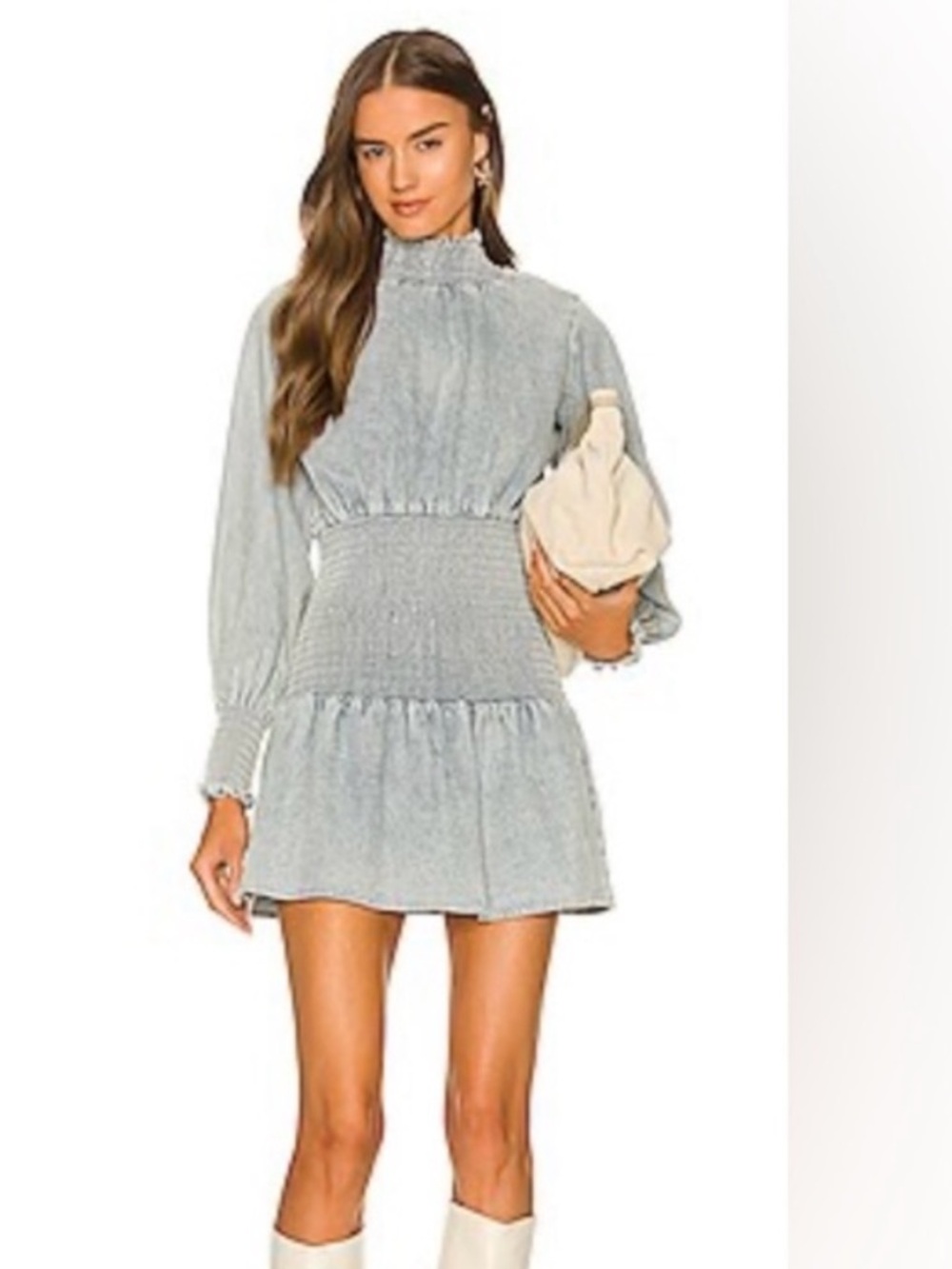 Something Navy Light Blue Smocked Denim Mini Dress with High Neck